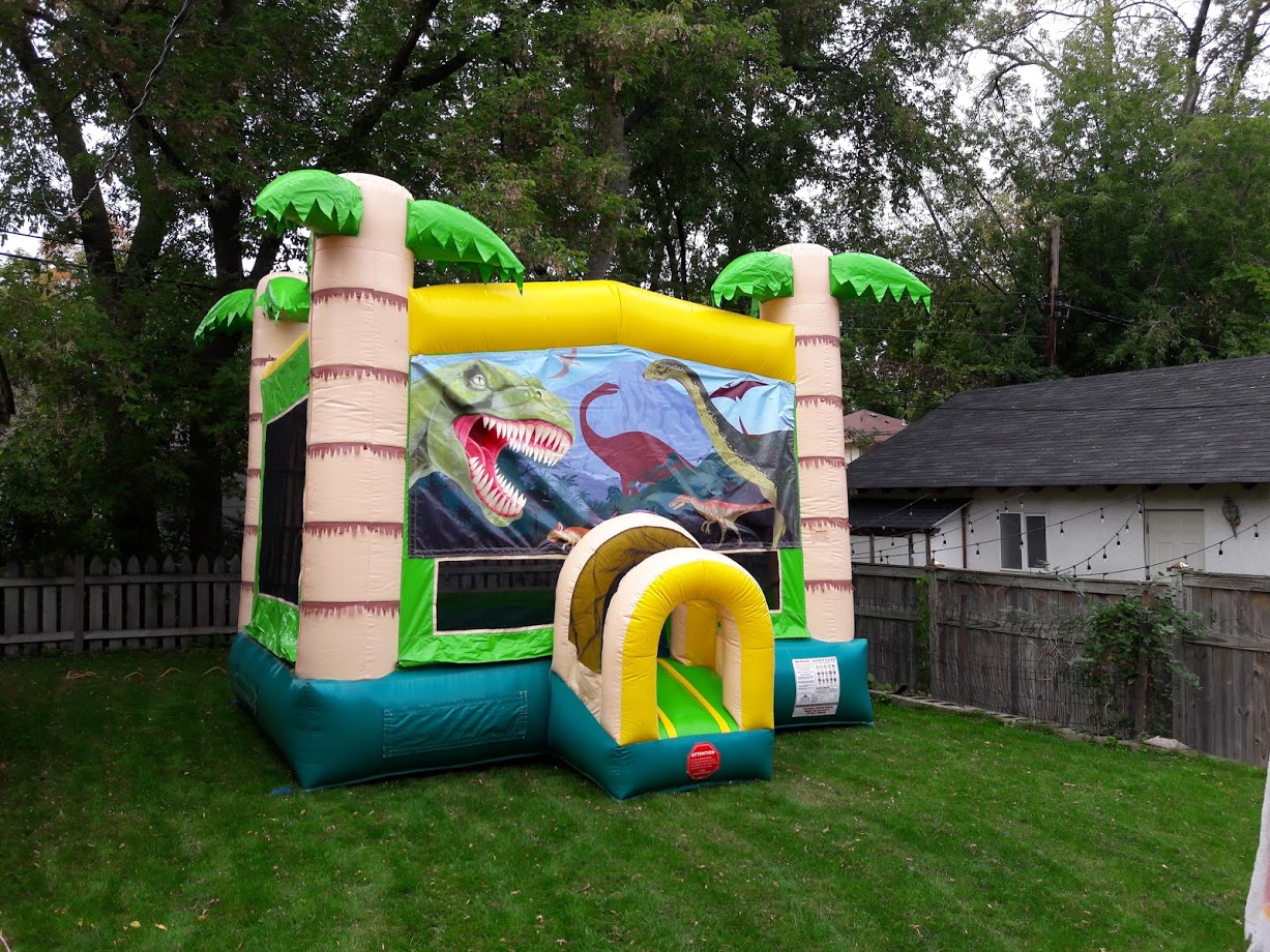 Dinosaur bounce house in backyard